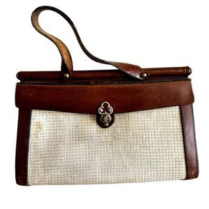 Vintage John Romain The Vouge Handbag 70s Sturdy Leather Tweed Brown Cream